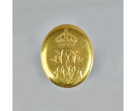 A Victorian gold curved oval presentation locket clasp, glazed within with a portrait miniature of Queen Victoria and engrave