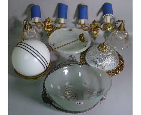 Lighting including; an opaque glass dome lights, a bag chandelier and sundry, (qty). 
