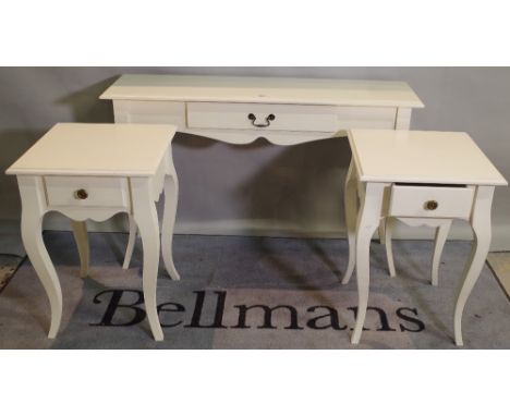 A 20th century white painted single drawer console table 120cm wide x 76cm high and a pair of matching low side tables, 45cm 