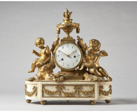 A French ormolu and white marble mantel clockIn the Louis XVI style, first half 19th centuryModelled with two cherubs, flanki