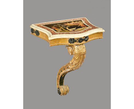 A wall mounted console, the pietra dura marble top with serpentine front, depicting figures and a hound with a town beyond, p