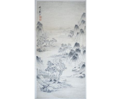 A Chinese hanging scroll, 19th century, ink on paper, depicting figures and buildings in a mountainous river landscape, with 