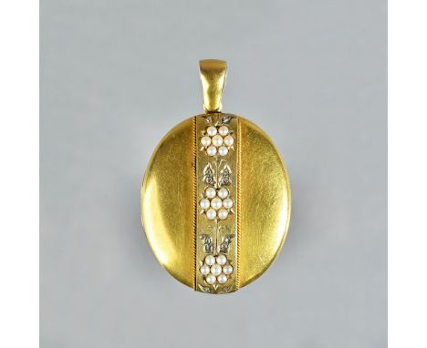 A Victorian gold, rose diamond and seed pearl set oval pendant locket, the front decorated with a central band, formed as a r
