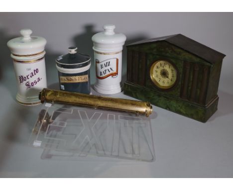 Collectables, including; a hardwood carved box, 28cm wide x 15cm high, a painted time mantel clock, 32cm wide x 24cm high, a 