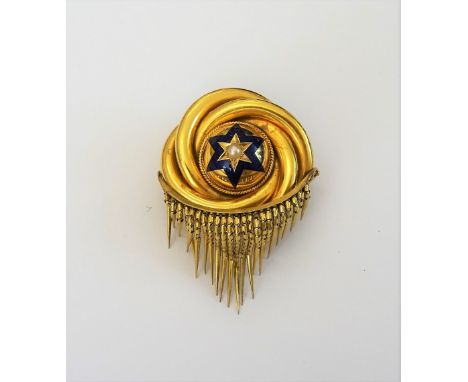 A Victorian gold, half pearl set and enamelled brooch, in an entwined circular design, mounted with a single half pearl to th