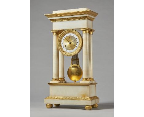 An Empire ormolu and white marble portico clockBy Gérard, ParisThe case with a stepped pediment  above egg-and-dart and denti