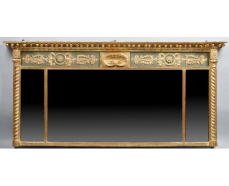 A Regency gilt framed triple plate over mantel mirror, the inverted ball mounted frieze over triple mirror plate flanked by r