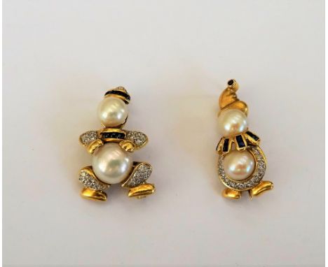 Two 18ct gold, diamond, sapphire and cultured pearl pendant brooches, each designed as a stylized figure of a snowman, gross 