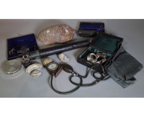 Collectables, including; a fossilized elephant tooth, brass two drawer telescope, scientific and medical instruments and sund