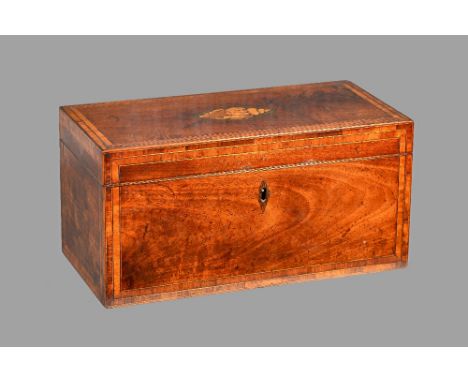 A George III mahogany tea caddy, the rectangular conch shell inlaid top enclosing a twin lidded interior centred by mixing bo