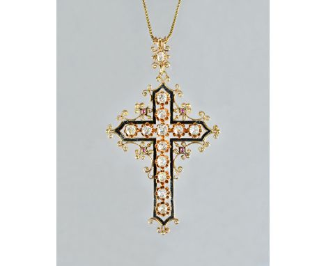 A gold, diamond set and black enamelled pendant cross, probably European, second half of the 19th century, mounted to the cen