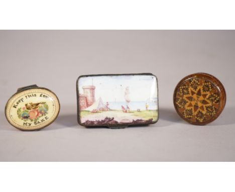 An 18th century Bilston type enamel patchbox of rectangular form decorated with a seascape, 6.5cm wide, another smaller oval 