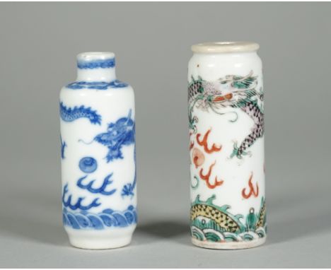 A Chinese famille-verte cylindrical snuff bottle, late 19th/20th century, enamelled with two dragons chasing a flaming pearl,