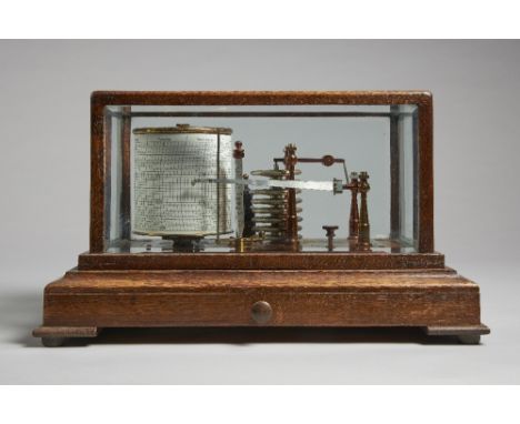 An oak cased barograph By Negretti & Zambra, LondonThe rectangular case with bevelled glass panels, the saffron lacquered bra