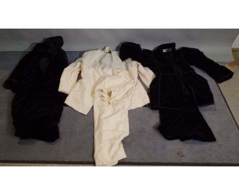 A quantity of ladies vintage clothing, comprising; John Bates leather two piece , Saint Laurent black velvet jacket and match