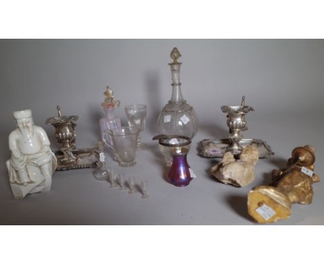 Collectables including; a pair of silver plated chamber sticks, a Venetian glass decanter and sundry, (qty). 