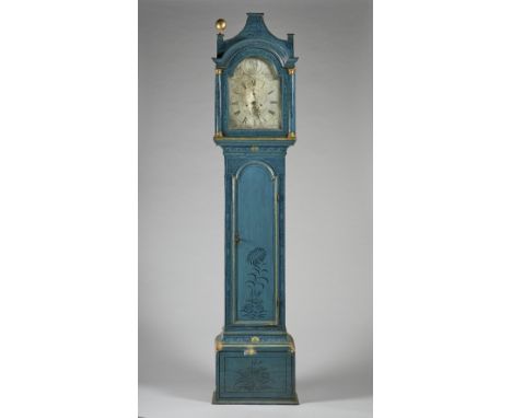 A parcel-gilt blue lacquer longcase clockThe movement by G. Lomax, Brecon, circa 1770The case with a pagoda pediment above ar