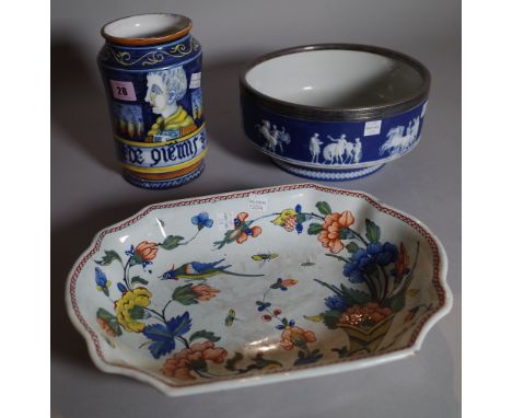 An Italian tin-glazed earthenware albarello, 20th century, in Renaissance style, painted with a head and shoulders portrait o