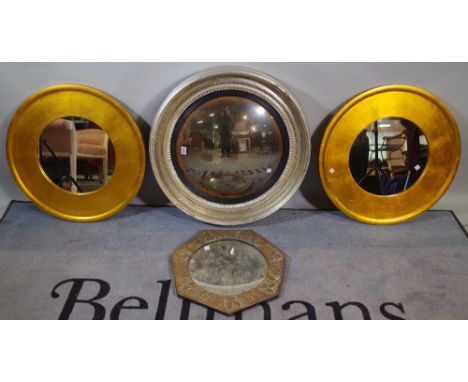 A Regency style silver painted convex wall mirror, 68cm wide, a pair of 20th century gold painted circular wall mirrors, 60cm