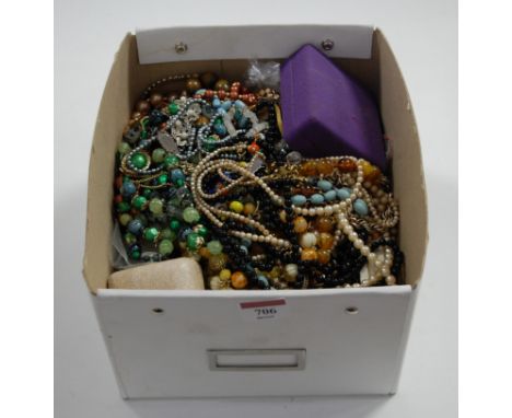 A box of miscellaneous costume jewellery, to include faux pearl choker, various bead necklaces, bangles etc