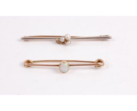 A yellow metal seed pearl and diamond point set safety pin bar brooch, unmarked but tests as approx 14ct, 4g, 5.5cm, together