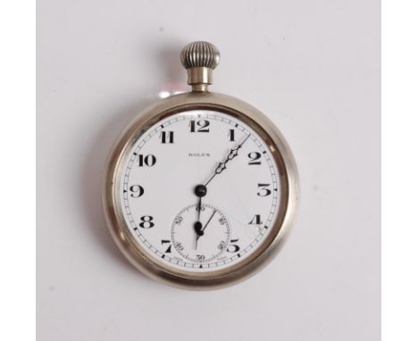 A gent's Rolex nickel cased pocket watch, having a signed white enamel dial (hairline and chipped at 4 o'clock, lacking glass