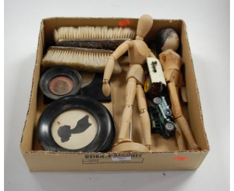 A collection of miscellaneous items, to include Victorian portrait silhouettes, artists mannequin, Victorian daguerreotype et