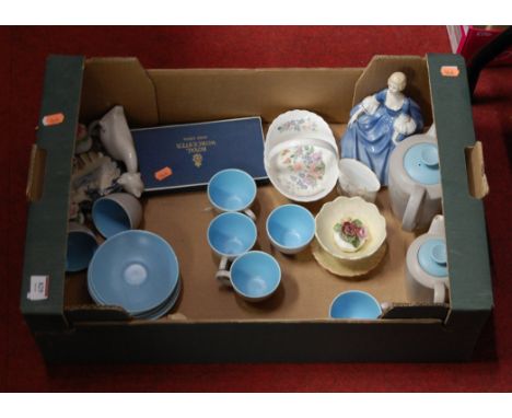 A collection of ceramics to include a Poole Pottery tea set, a Royal Doulton figure; 'Hilary'