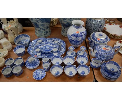 A large collection of Spode Italian pattern table wares to include teapot and cover, vase, meat plate, eggcups etc