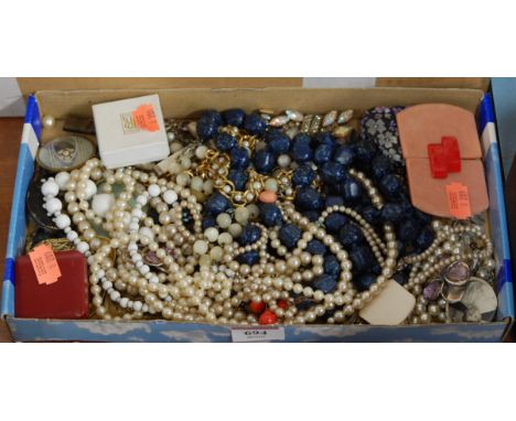 A box of miscellaneous costume jewellery, to include filigree work bangle, clip earrings, faux pearl necklace etc