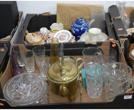 Two boxes containing a collection of items to include an early 20th century brass kettle on stand, a Japanese blue &amp; whit