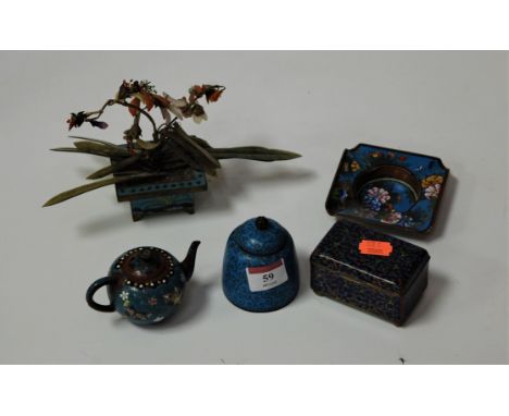 A small Japanese cloisonne teapot and cover, together with ashtray, jar and cover, trinket box etc (5)