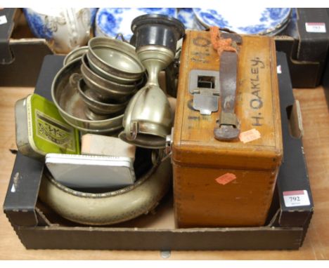 A pigeon racing clock, cased, with various pigeon racing trophies and other metalware