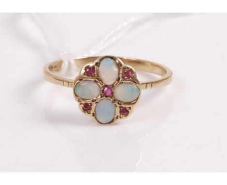 A 9ct gold, ruby and opal dress ring, arranged as a flower head setting, 1.8g, size Q