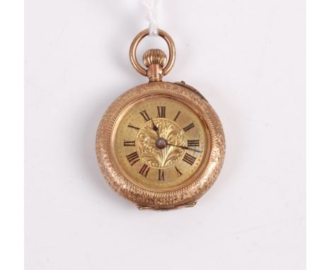 A ladies 9ct gold and floral enamel inset open face fob watch, having finely engraved case, keyless movement, 18.2g, dia. 27m