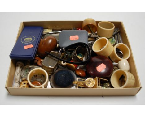 A box of miscellaneous items, to include carved netsuke, Chinese scent bottle, napkin rings, pocket knife etc