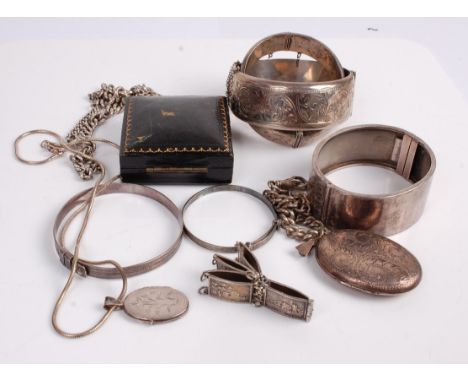 Assorted principally silver jewellery, to include hinged bangles, child's christening bangle, gatelink bracelet, watch chains