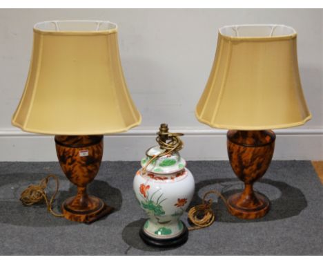 A pair of large modern toleware style table lamps each in the form of an urn, having silk shade, height 70cm, together with o