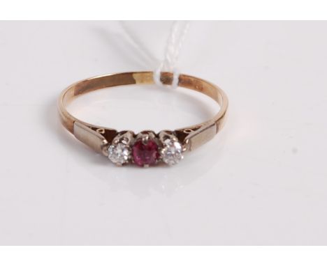 A 9ct gold, ruby and diamond three stone ring, 1.7g, size S