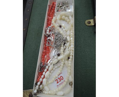Five bead necklaces including mother of pearl and coral, a marcassite necklace and a selection of white metal earrings includ