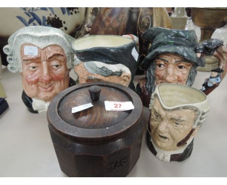 Three Royal Doulton character jugs 'The Lawyer D6498, Granny D5521, Rip Van Winkle D6438', a similar smaller mug and treen te