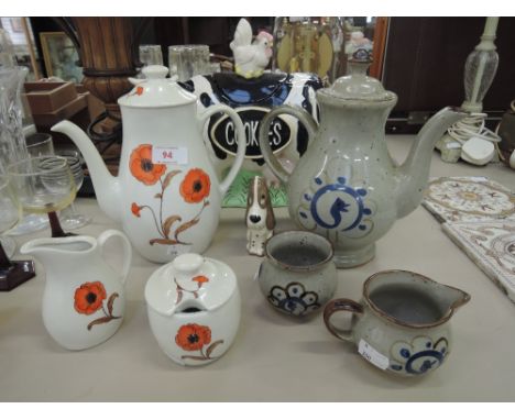 A selection of ceramics including studio pottery coffee set, another similar, ceramic cookie jar etc