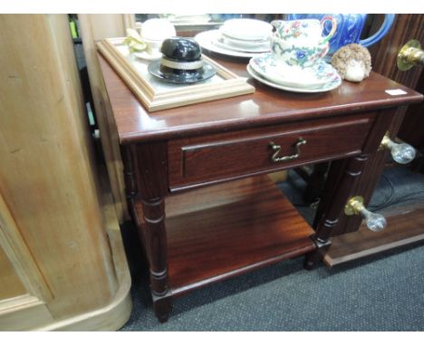 A stained framed small hall table with drawer and under shelf