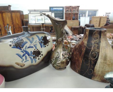 A ceramic moonflask, and two ceramic vases