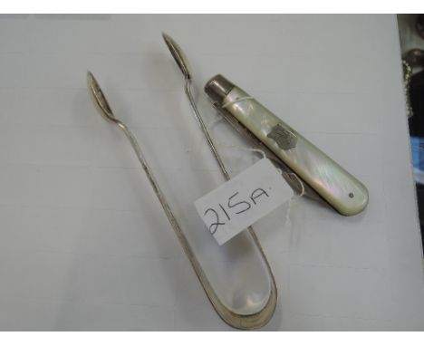 A mother of pearl handled fruit knife with HM blade and a pair of HM sugar nips