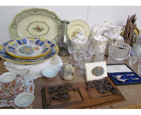 Three Delft plates together with part tea sets, silver spoon and fork set, drinking glasses, decanter, prints, carved backsli