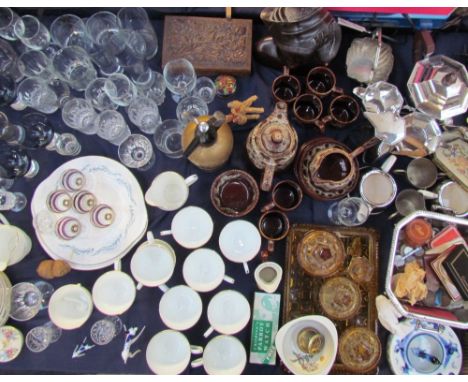 An electroplated four piece tea set together with coins, part tea sets, dressing table set, drinking glasses, 19th century do