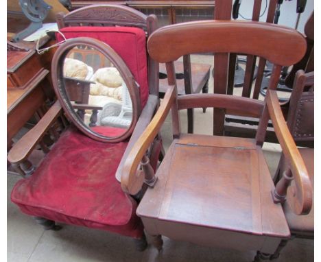 A commode elbow chair together with a Victorian library chair, two dining chairs and a wall mirror