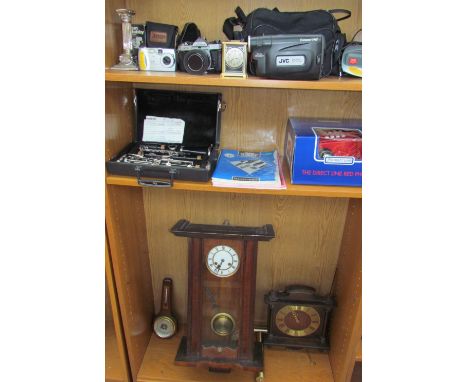 A Vienna regulator type wall clock, together with a  Pentax camera, direct line telephone, clarinet, other cameras etc