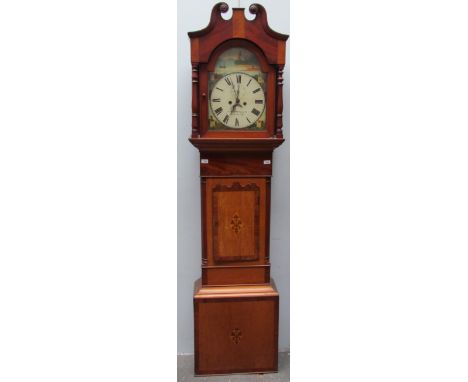 A 19th century mahogany longcase clock, the broken swan neck pediment above a short trunk door and box base, the dial painted